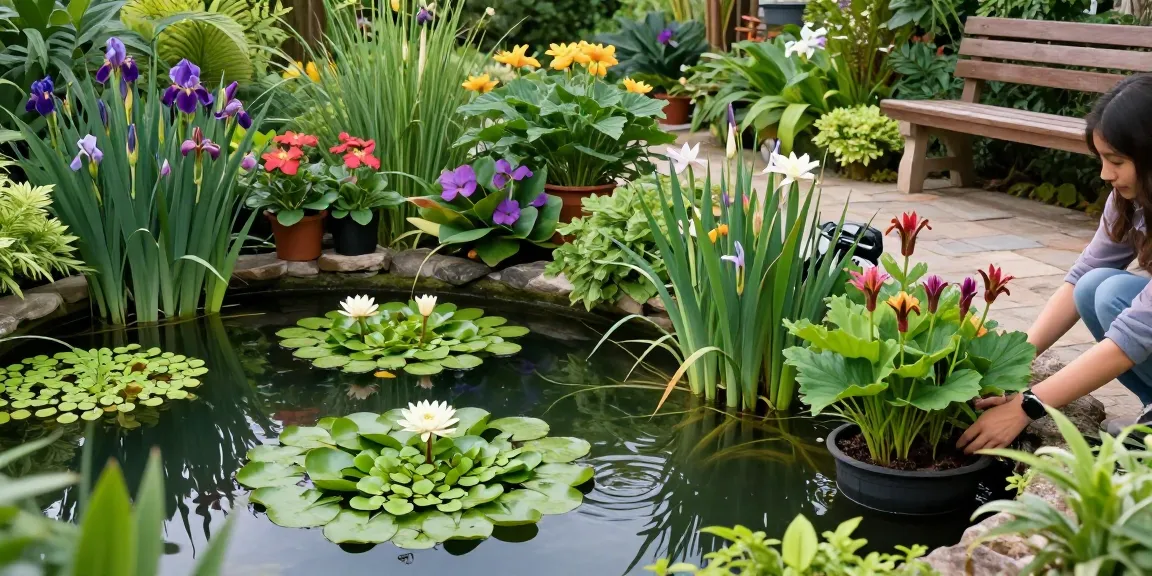 Buy Pond Plants Online in a serene garden pond setting with vibrant aquatic flora and lush greenery.