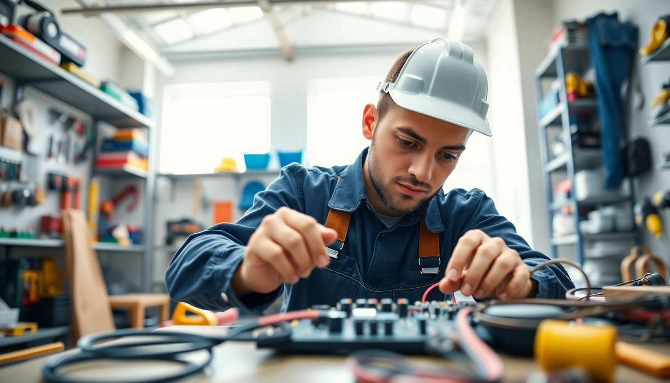 Electrical apprenticeship in action: a focused apprentice working on wiring in a bright workshop.