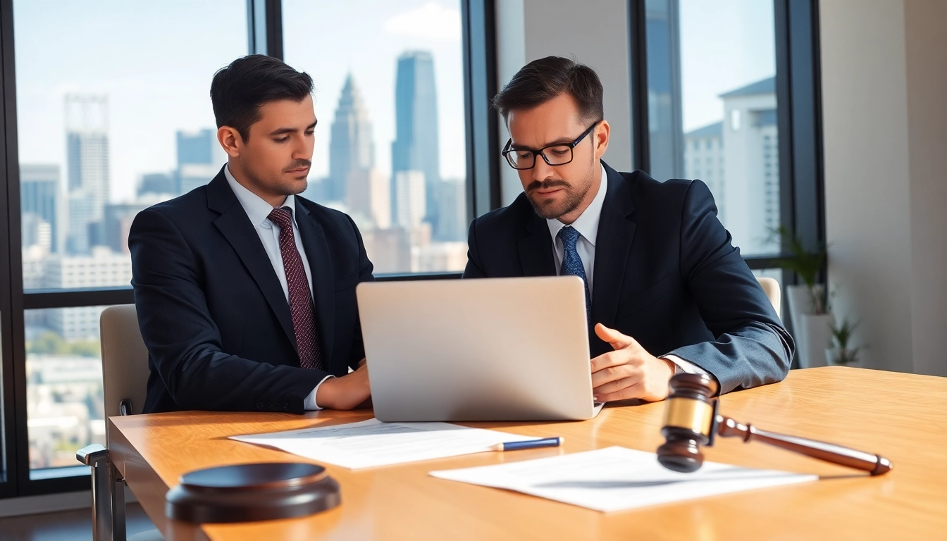 Engaged Atlanta Accident Lawyers collaborating in a sleek law office with skyline view.