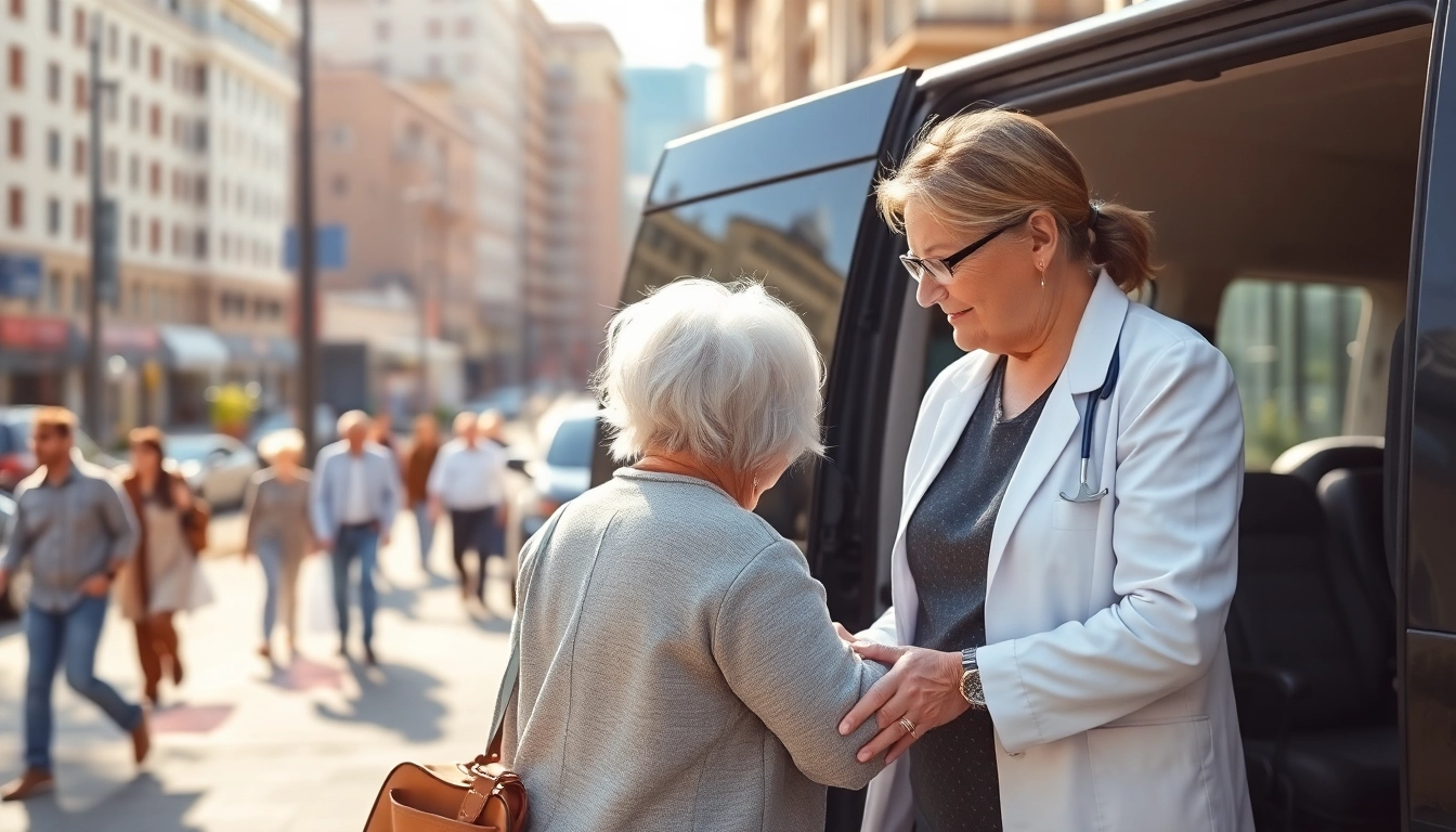 Elderly transportation services aiding seniors with vibrant interactions in an urban backdrop.