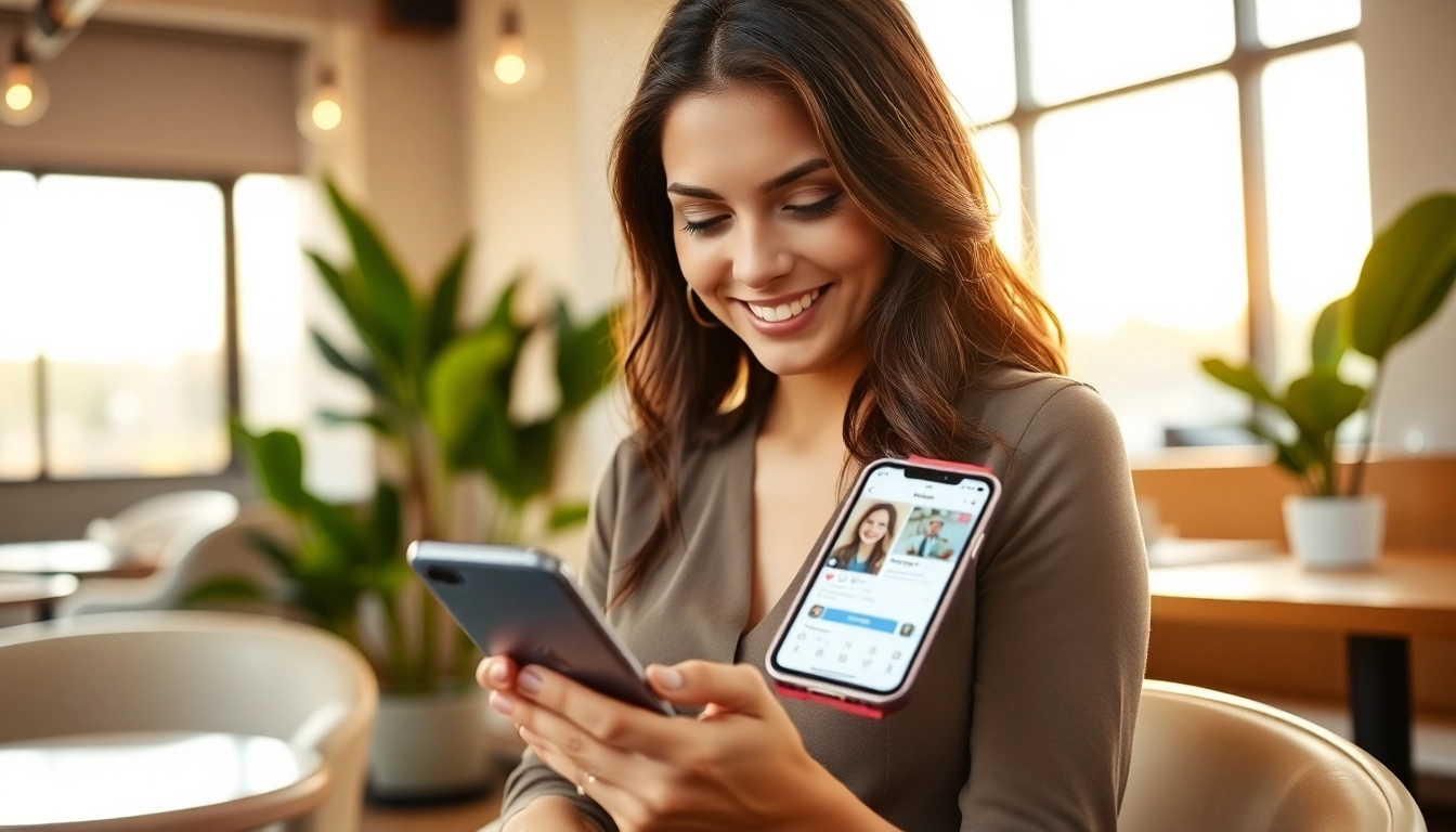 インスタ フォロワー購入 おすすめで満足げな表情の女性がカフェでスマホを使用