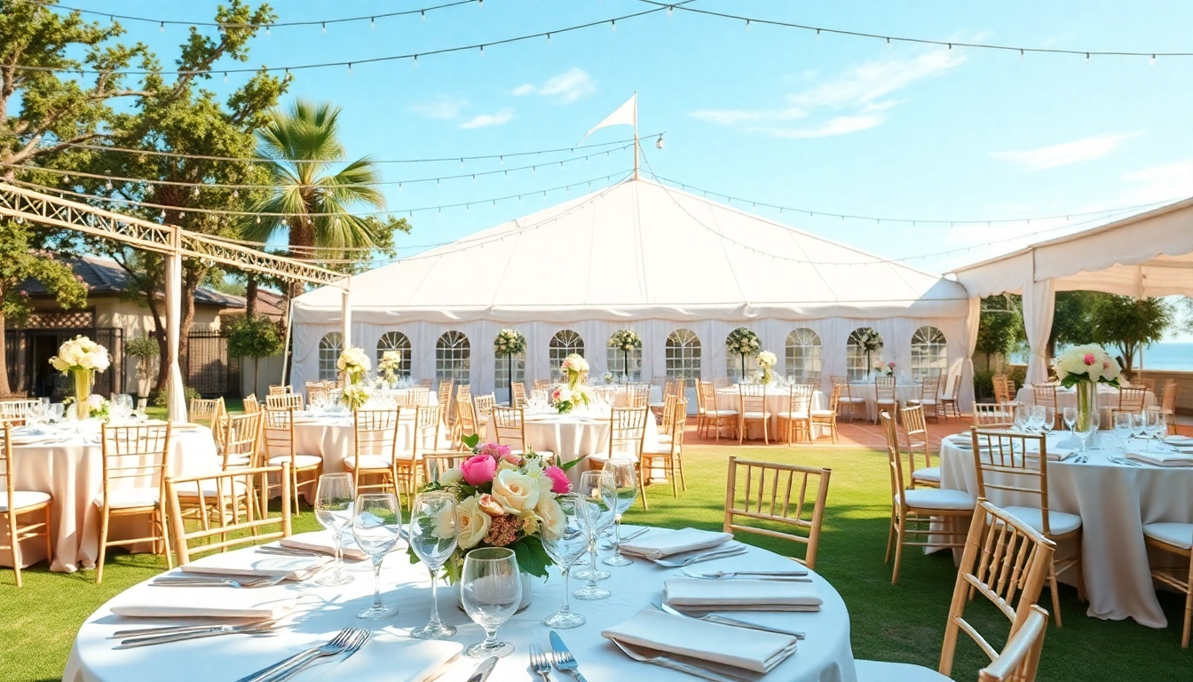Event Rentals setup with elegant tables and floral decor in an outdoor setting.