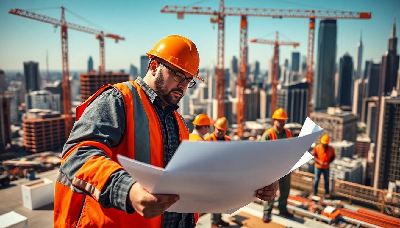 New York General Contractor analyzing blueprints at a construction site in NYC.