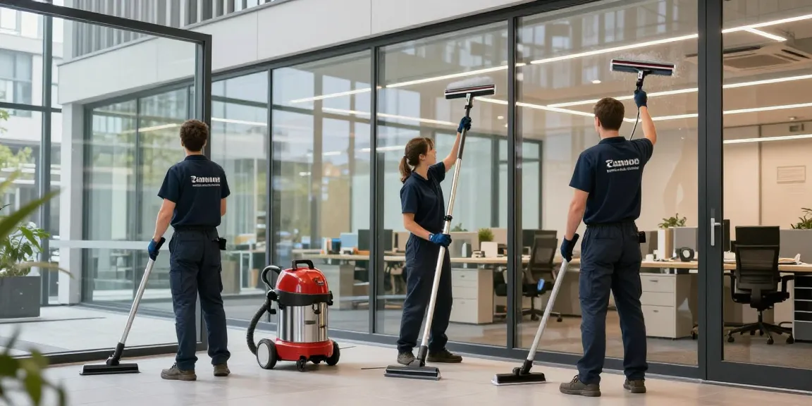 Professionelle Gebäudereiniger Dortmund bei der Reinigung eines modernen Bürogebäudes.