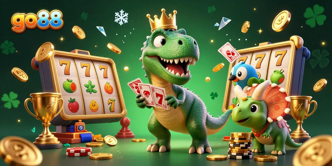 Engage with go 88 casino fun featuring a T-Rex shuffling cards and a baby triceratops stacking chips.