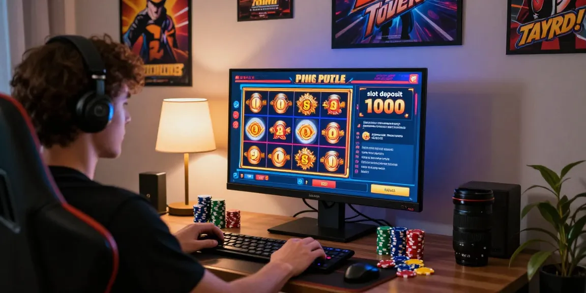 Player enjoying immersive online slot gaming experience with slot deposit 1000 option highlighted, colorful interface, and casino chips present.