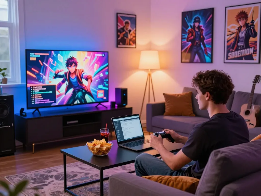 Young adult playing free sex games in an immersive modern living room.