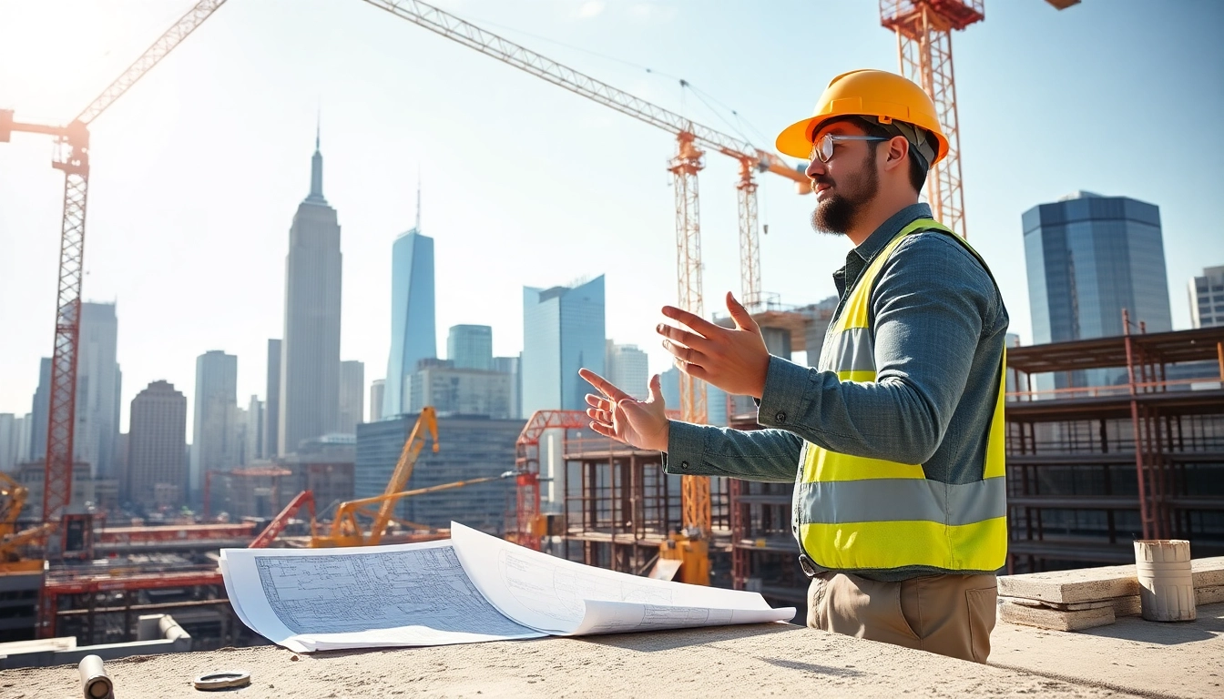 New York City General Contractor overseeing construction projects with iconic skyline in background.