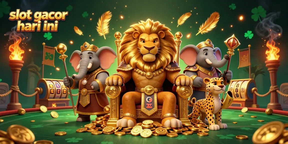 Experience the thrill of slot gacor hari ini with a dazzling casino scene featuring a lion king and golden treasures.