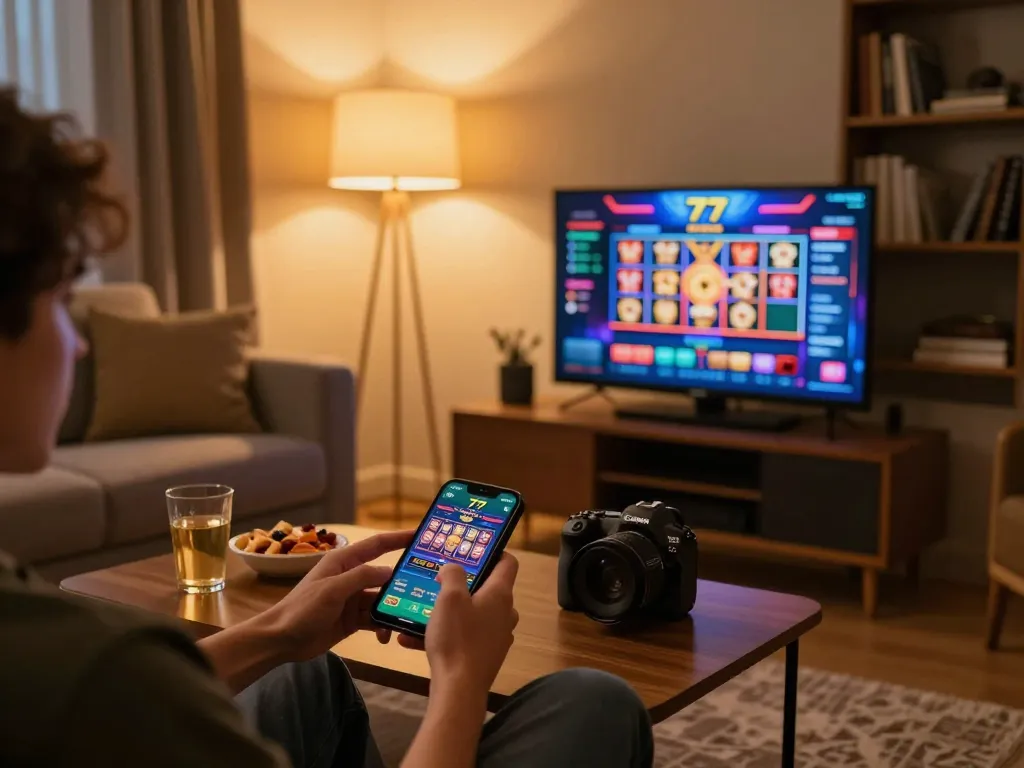 Engaging with the slot77 mobile app for an exciting online casino experience at home.