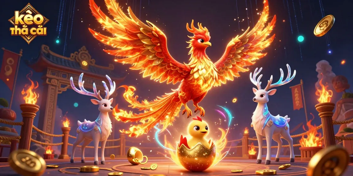 Bet on kèo nhà cái with a vibrant 3D illustration featuring a phoenix and mystical stag in an energetic casino scene.