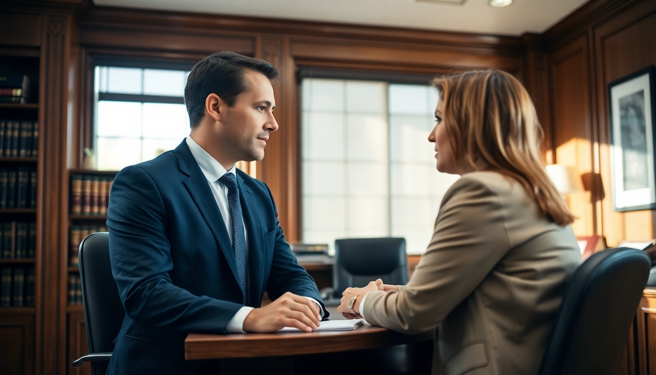 Engaged Asheville DWI defense lawyer consulting with a client in a professional office.