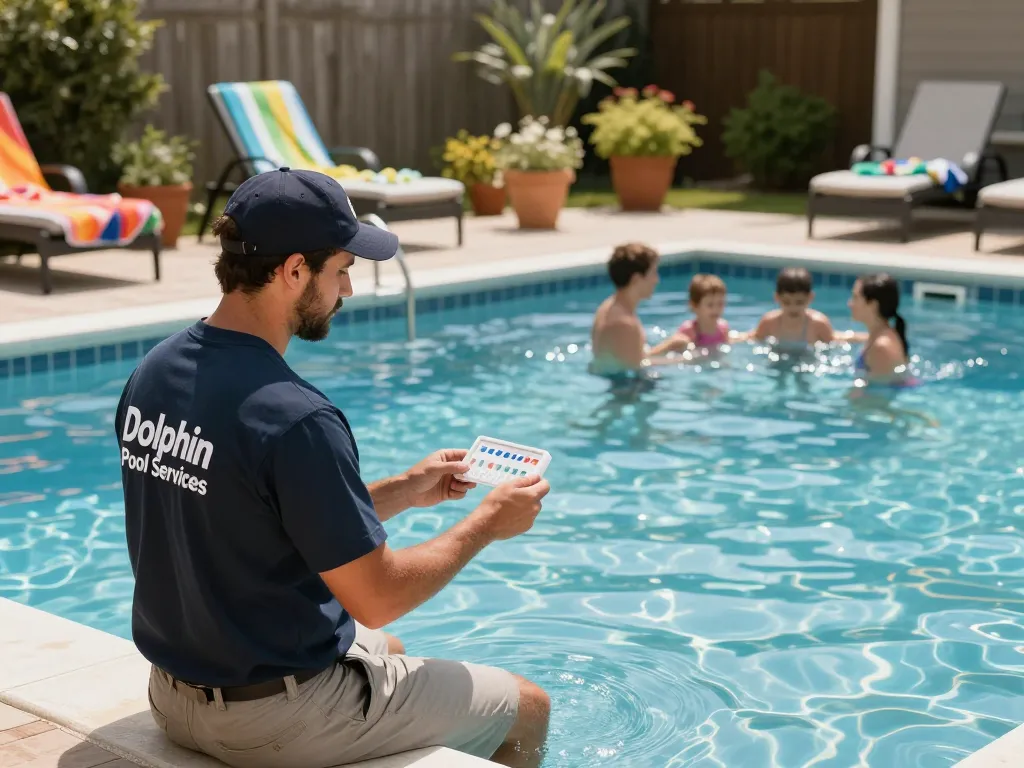 Dolphin Pool Services maintaining a sparkling pool in Virginia, showcasing professional care and customer satisfaction.