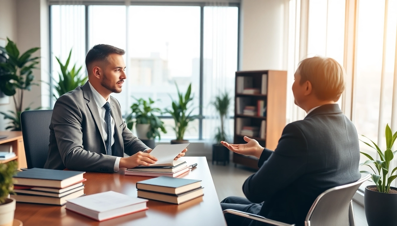 Fort Lauderdale work injury lawyer discussing a case with a client in a bright office.