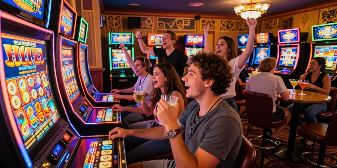 Friends enjoying Kamboja slot games in a lively casino atmosphere.