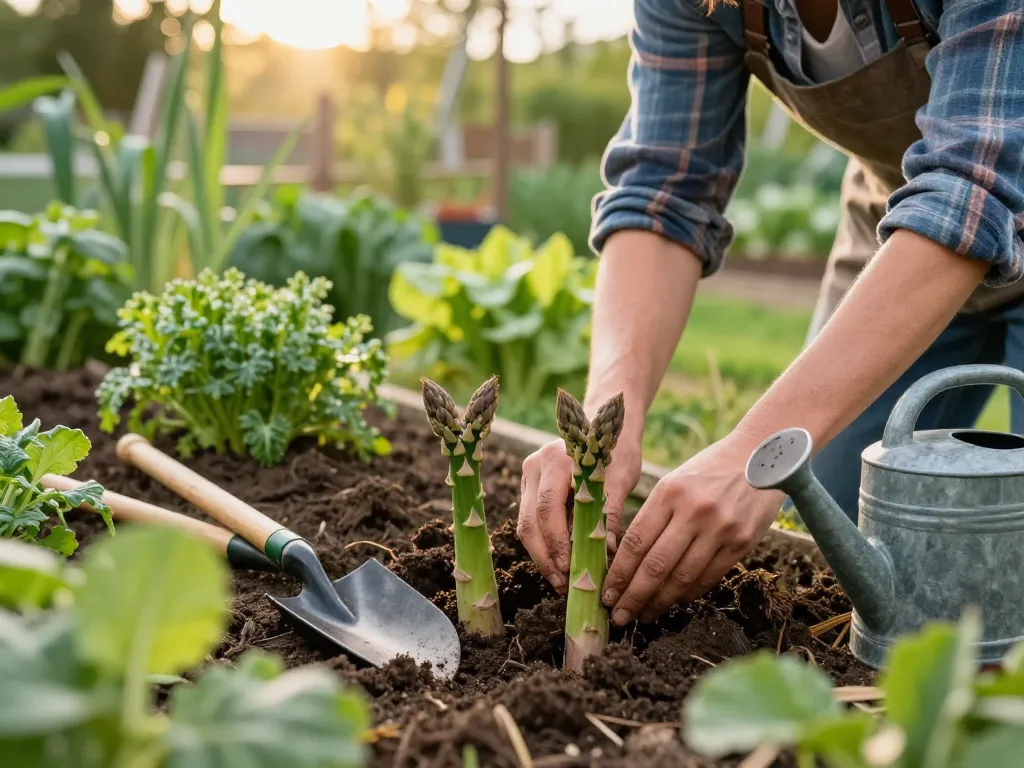 Aspergeklauwen kopen showcased in a home garden with vibrant asparagus plants and gardening tools.