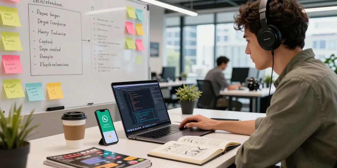 Mobile app developer enhancing WhatsApp下載 experience in co-working space.