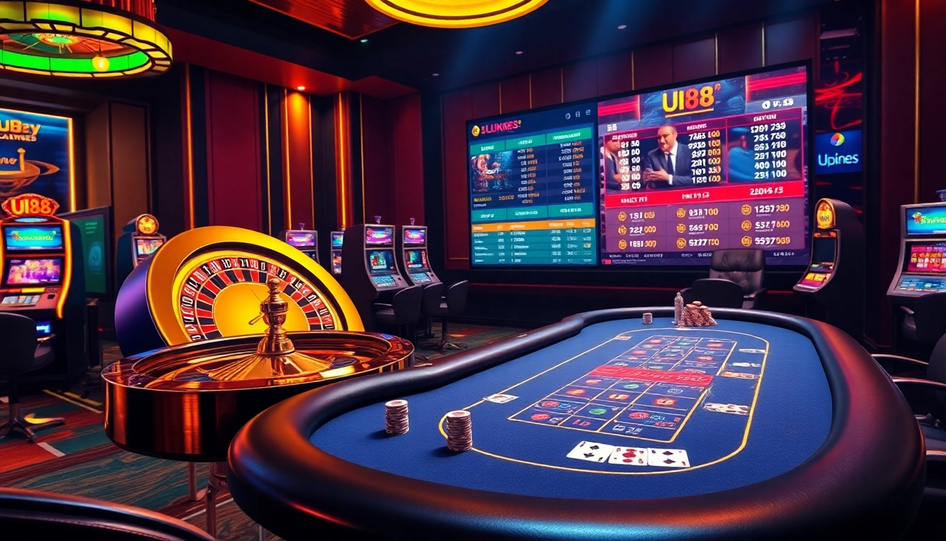 Experience the thrill of uu88 with a luxurious casino scene featuring roulette, slot machines, and gaming tables.