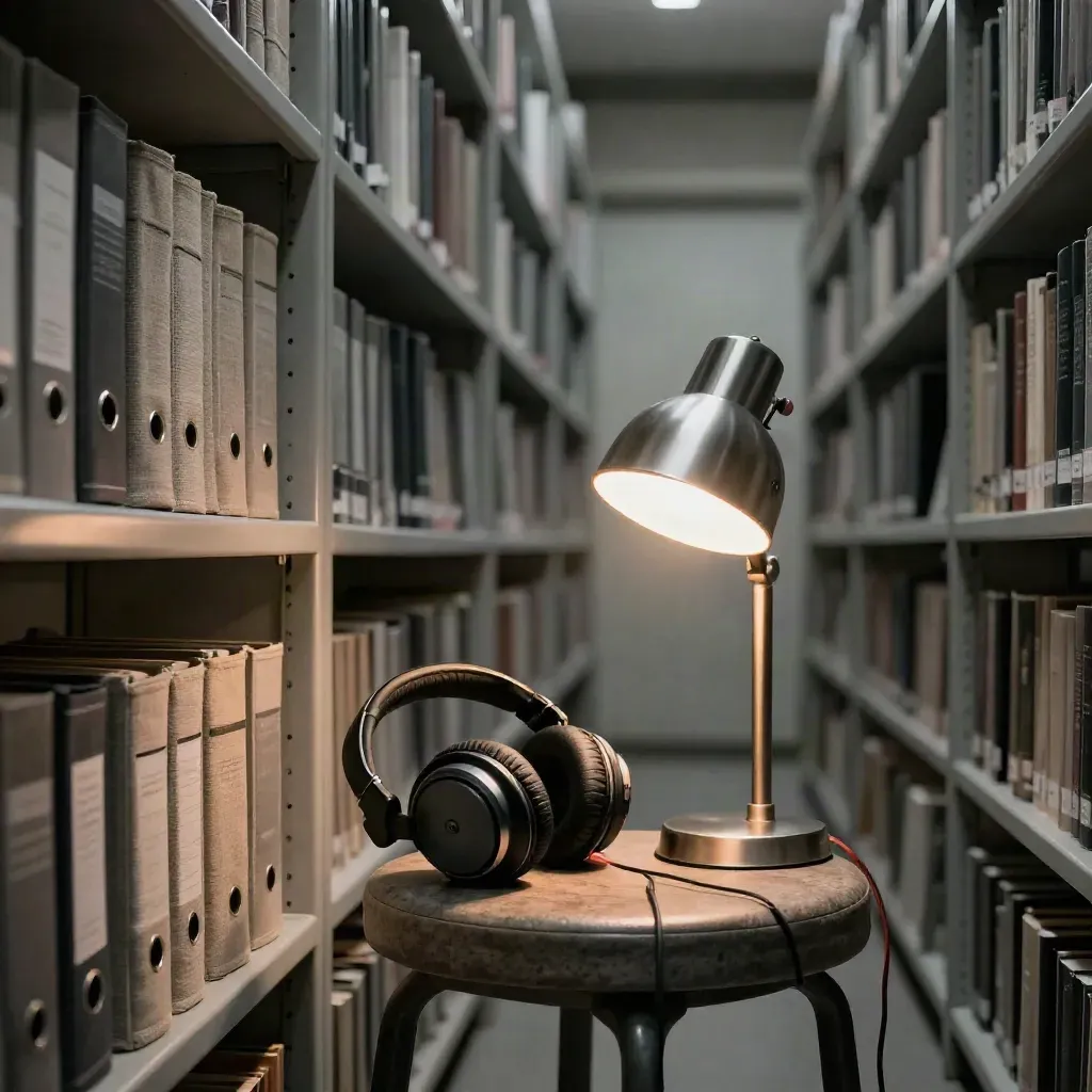 Archive binders, headphones and a glowing lamp on a stool in a narrow shelf aisle.