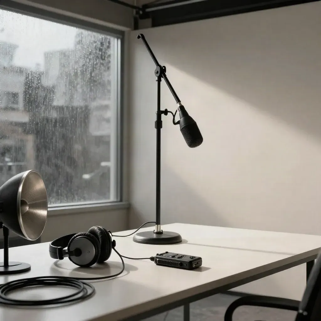 Matte-black studio microphone, headphones, recorder, cables and speaker in a hazy morning booth.