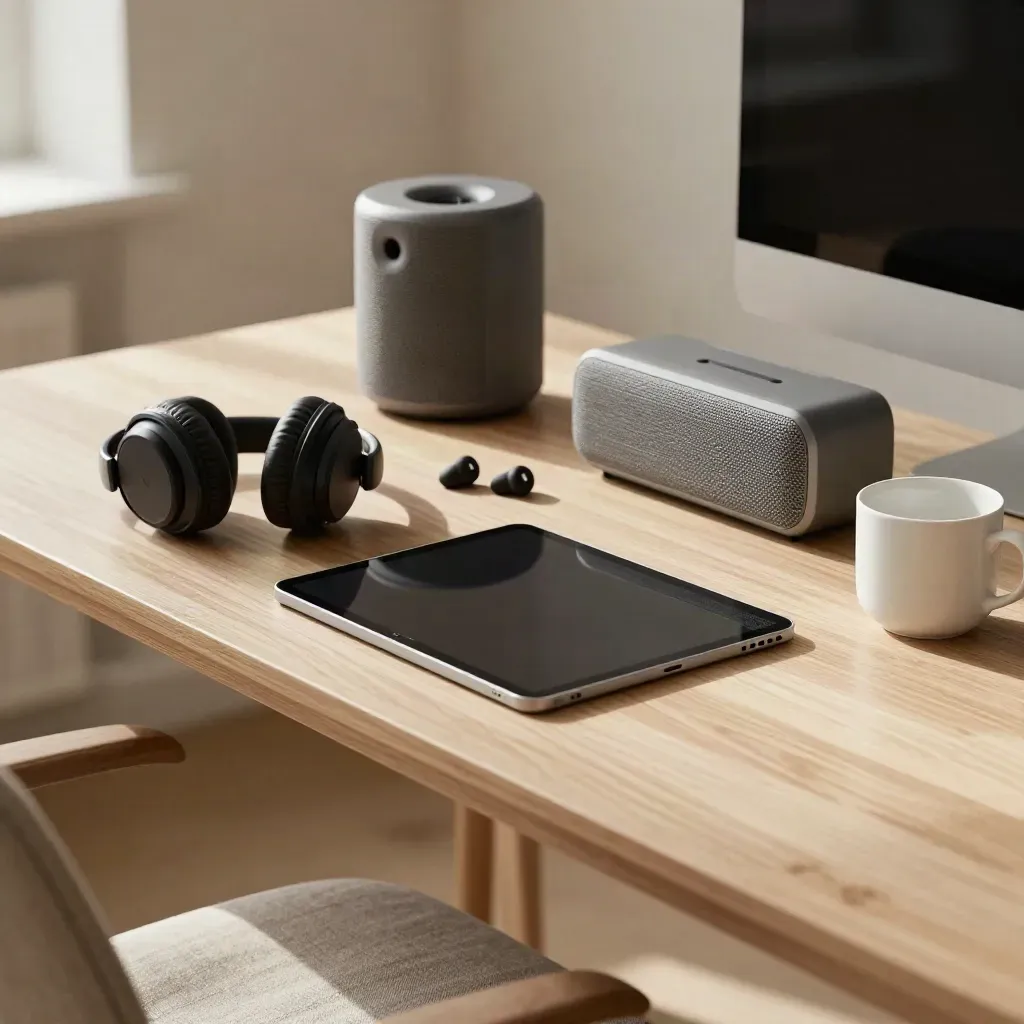 Podcast listening devices on a sunlit desk: tablet, headphones, earbuds, speaker, cup.