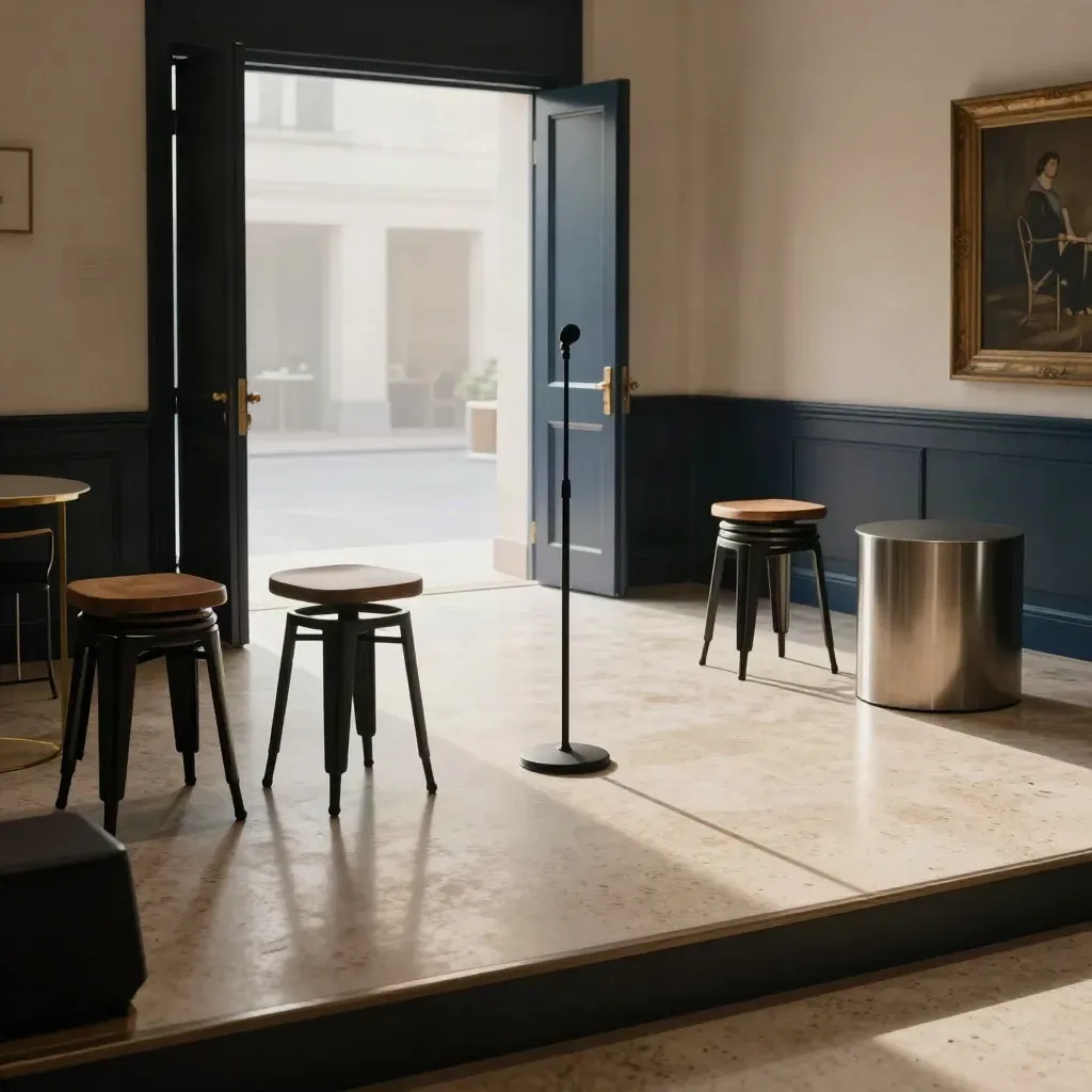 Bright foyer with mic stand, stacked stools, and metal side table in soft late-afternoon haze.