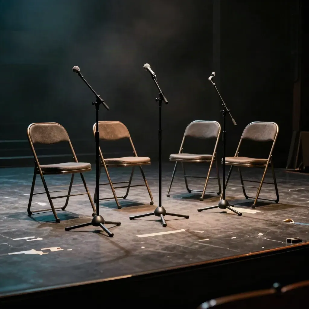 Empty panel stage with mic stands and folding chairs in smoky post-talk light.