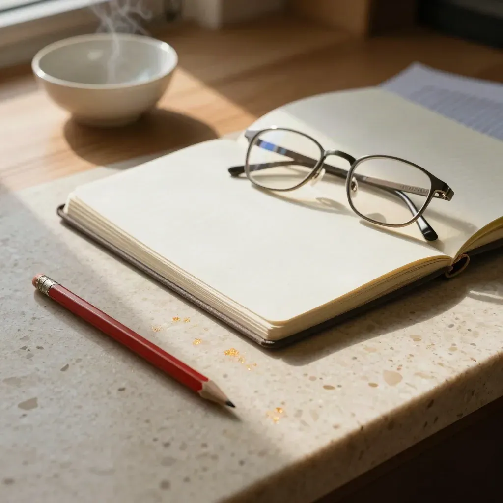 Top-down desk with notebook, glasses, red pencil and ceramic bowl in warm late-afternoon light.