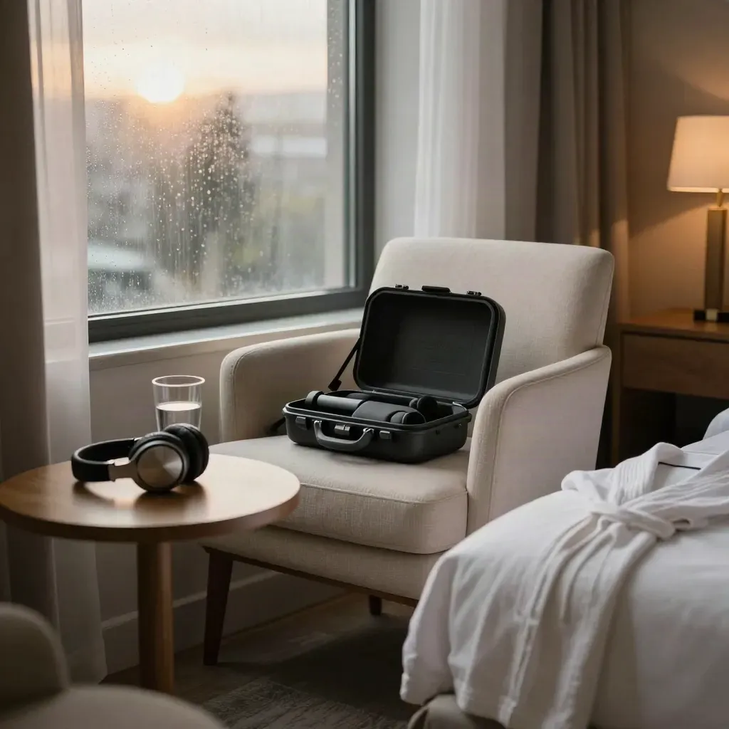 Hotel interview setup with mic case, headphones, and water by a rain-streaked window.