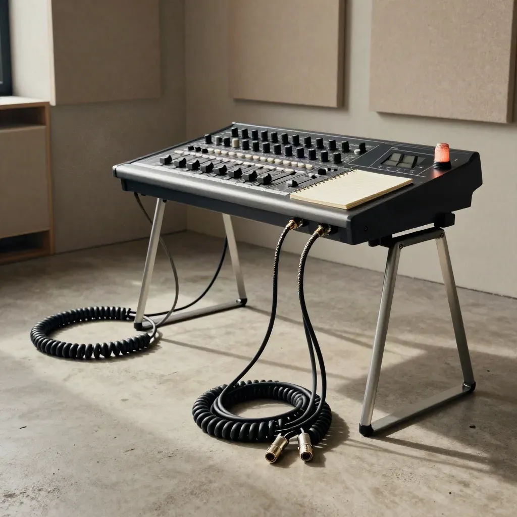 Podcast control desk with coiled cables, a glowing tally light, and notepad on concrete.