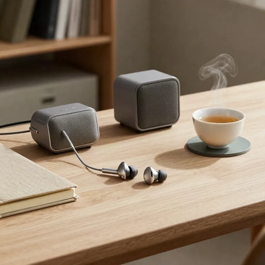 Earbuds, speaker, closed notebook and steaming tea cup on a compact podcast desk.