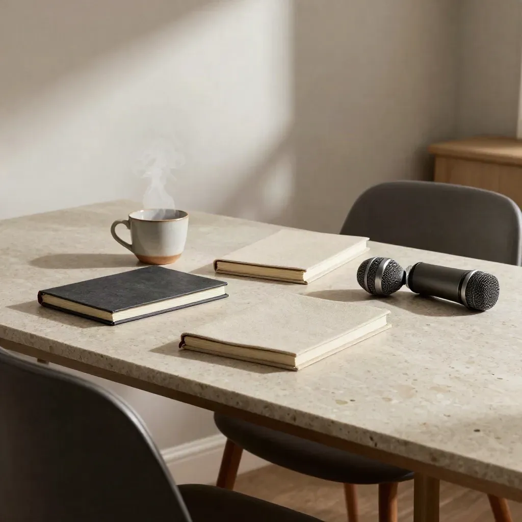 Studio table with notebooks, steaming coffee, microphones and empty chair before recording.