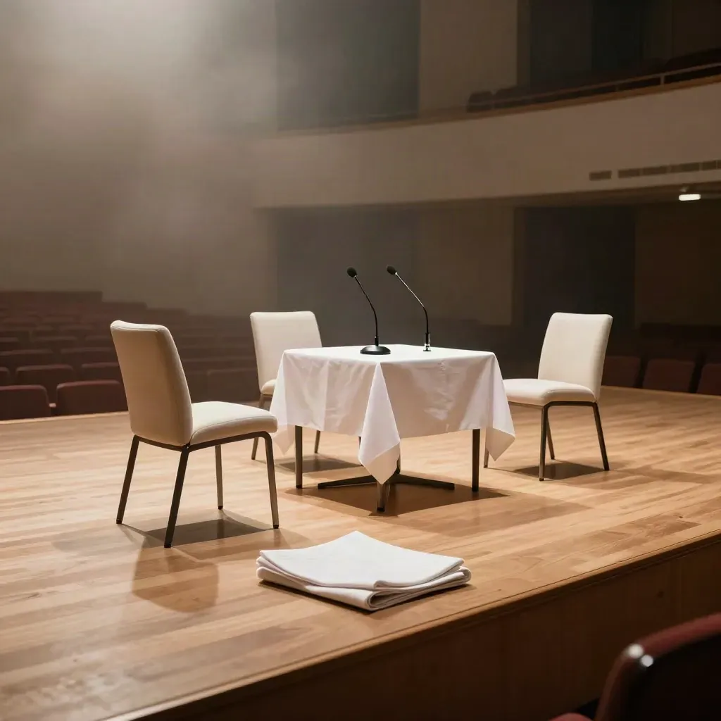 Empty conference stage with three chairs and mic stands in soft overhead light and haze.
