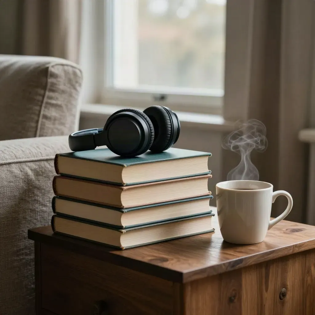 Low lounge corner with books, mug and headphone case in warm window light.
