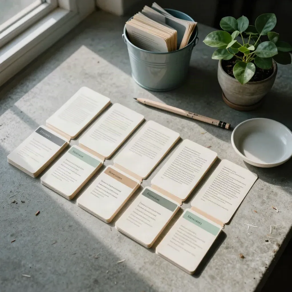 Top-down cards, pencil, dish and plant on a concrete surface in warm daylight.
