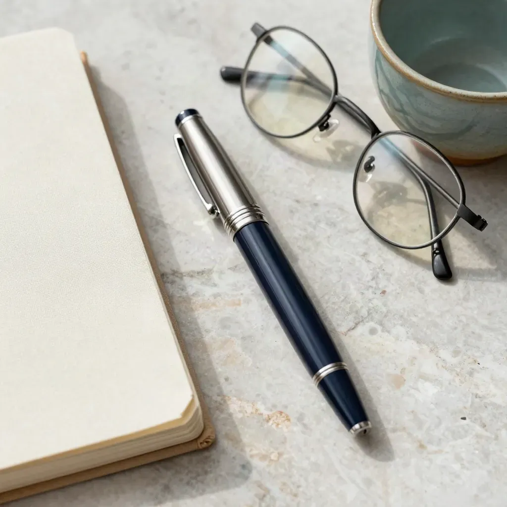 Top-down still life of a fountain pen, notebook, glasses and cup on pale stone.