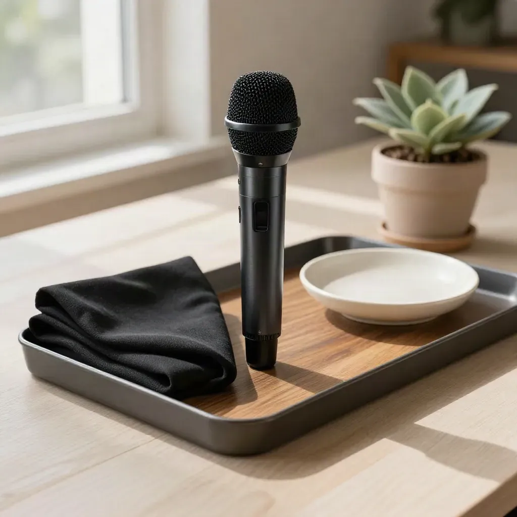 Handheld stage microphone with cloth, dish and plant on pale wood, ready for a live panel.