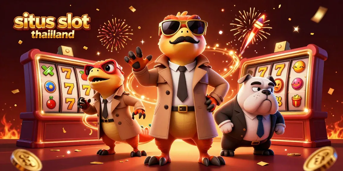 Situs slot thailand presents a vibrant casino scene with raptors in disguise, showcasing playful slot gaming elements.