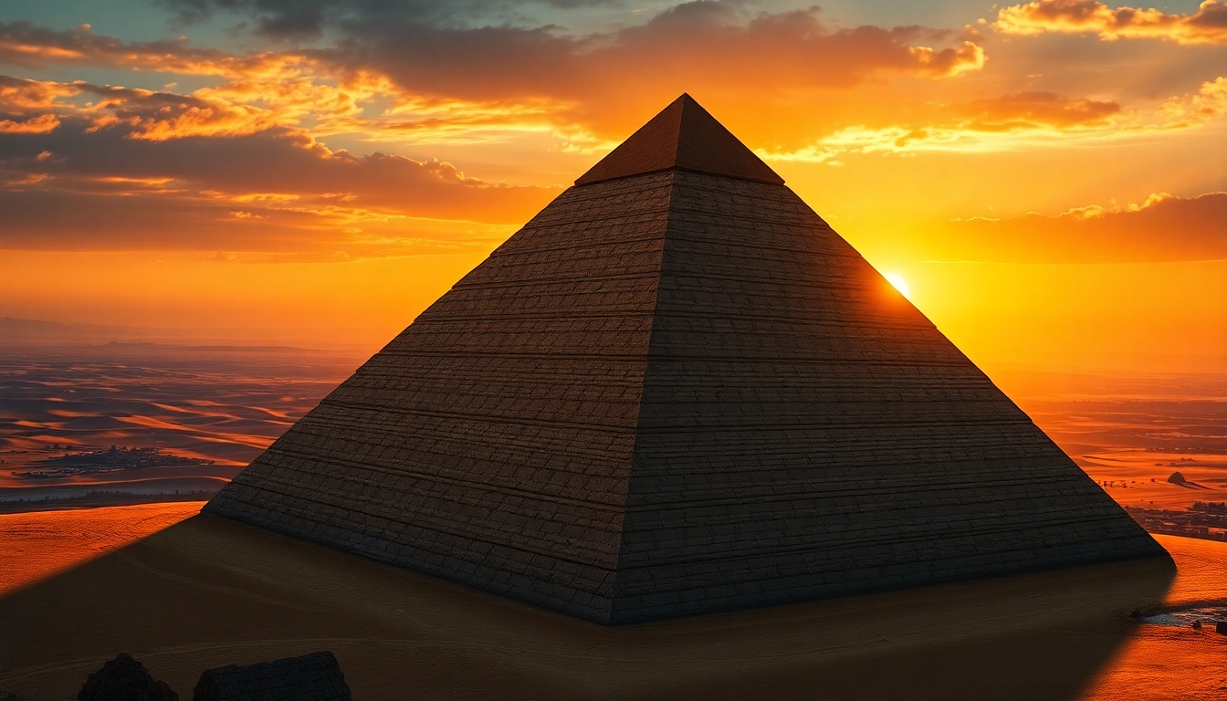 Visually stunning portrayal highlighting piraminds' grandeur under a dramatic sunset.