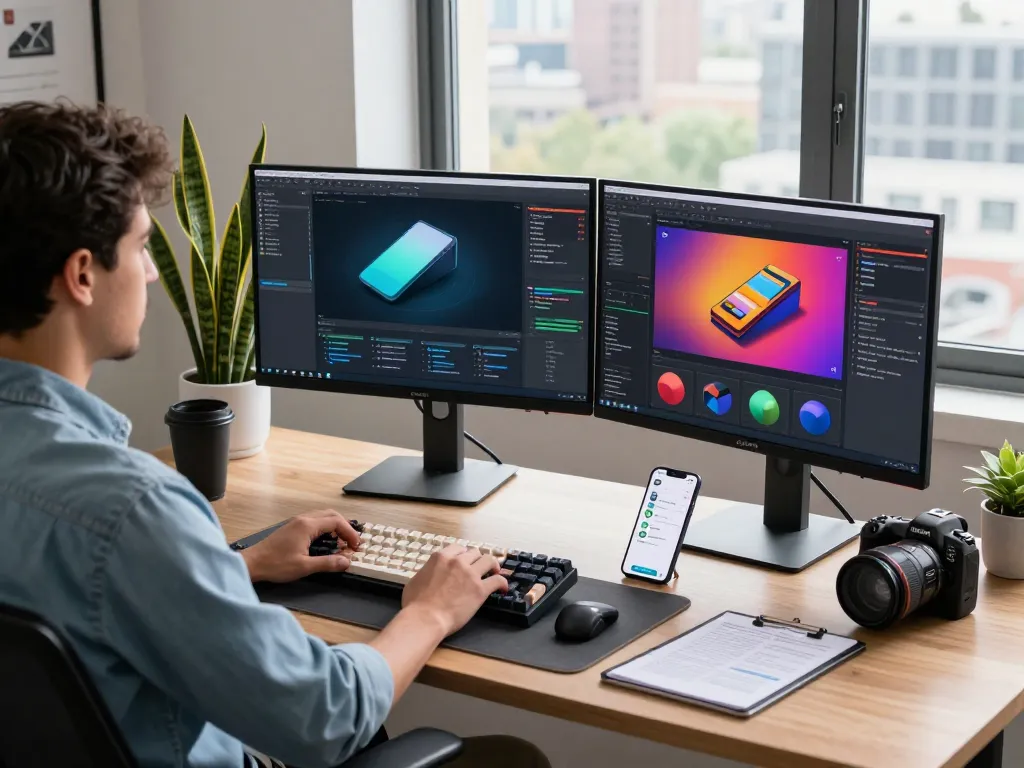 Developer using 3D product configurator software at a modern workspace.