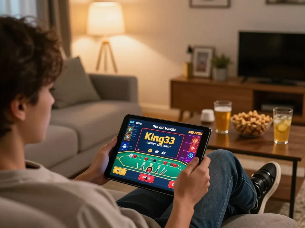 Engaged player enjoying blackjack at King33 online casino on a tablet in a cozy home setting