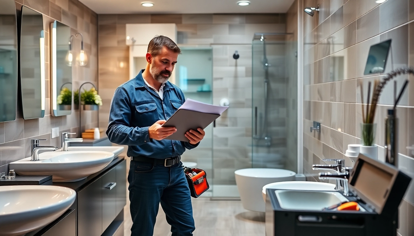 Der Fachmann von sonni sanitär GmbH inspiziert eine moderne Badezimmerinstallation mit glänzenden Armaturen.