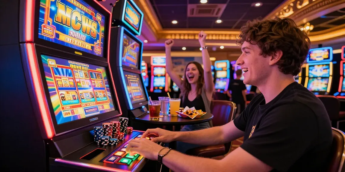 Excited player at a slot machine enjoying a colorful casino atmosphere with friends and drinks.