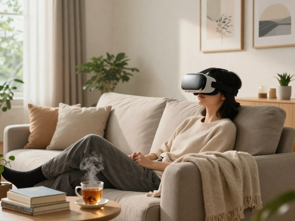 Relaxing home scene with a person using a VR headset, embodying the chill vibes of Motchill.