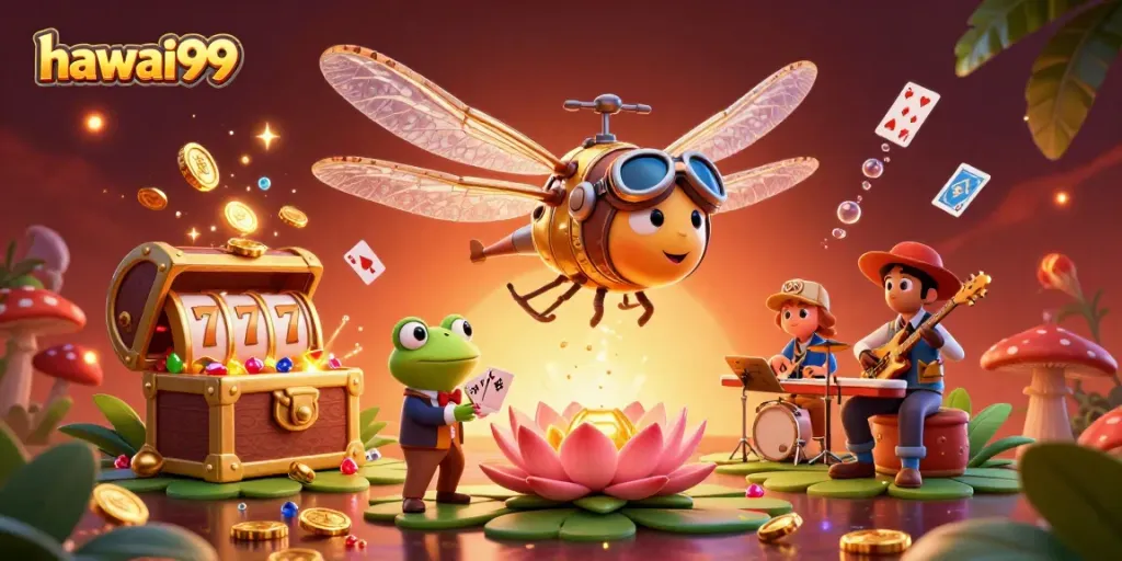 Experience thrilling gameplay with hawai99, featuring a dragonfly pilot and frog croupier in a vibrant casino.