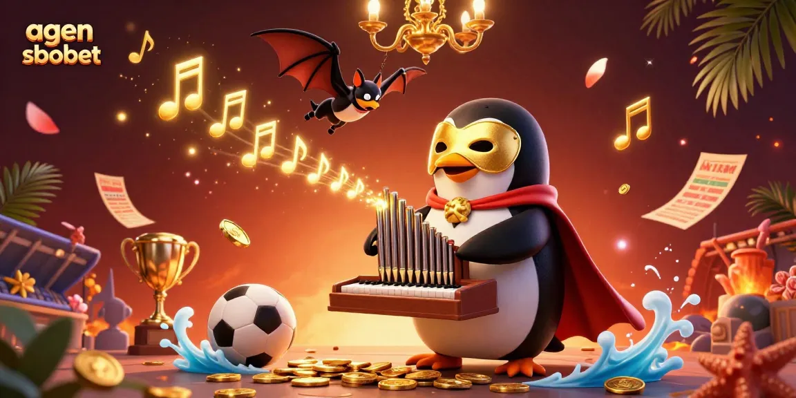 Experience thrilling agen sbobet sports betting action with a dynamic illustration of a penguin playing an organ amidst sports elements.