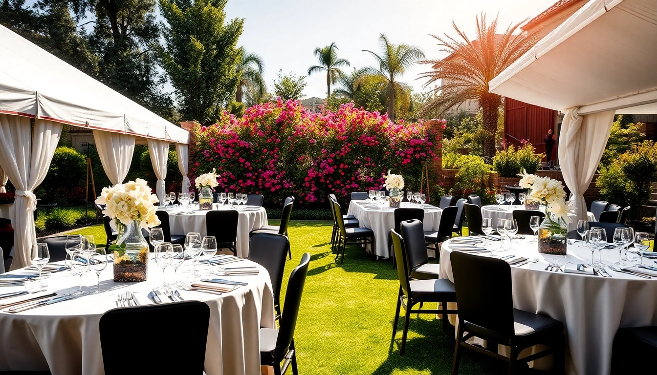 Explore Corporate Event Rentals with elegant tents and tables in a sophisticated outdoor setting.