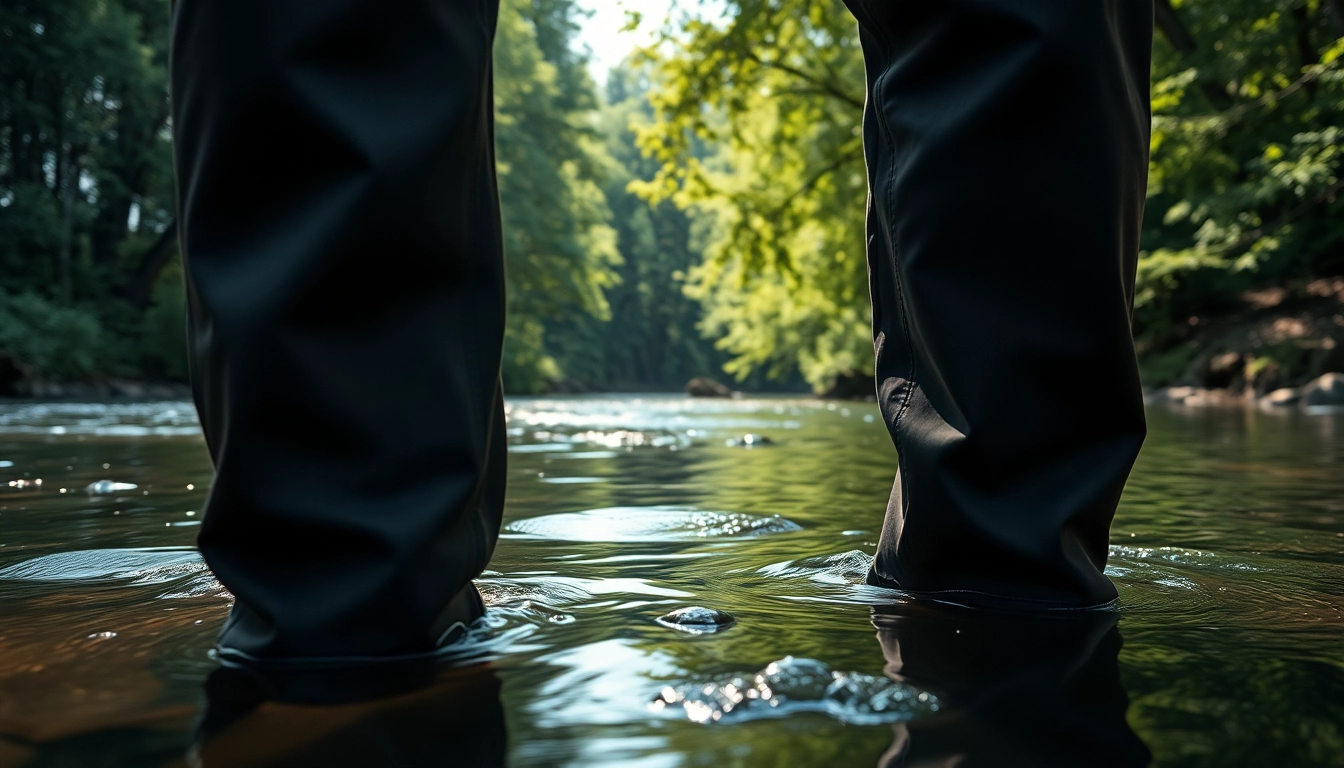 Person wearing fly fishing waders standing in a clear river, surrounded by nature's beauty.