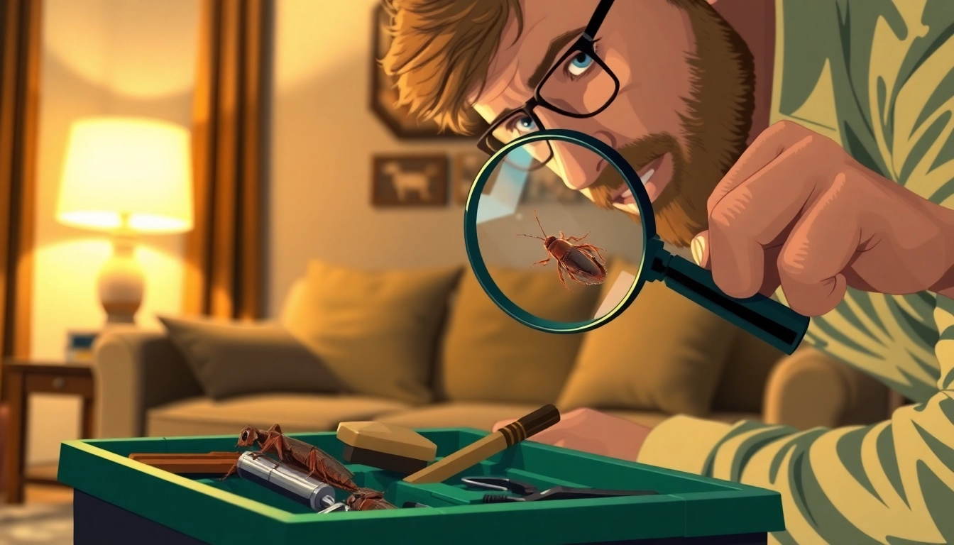 Efficient house cricket removal using a magnifying glass and professional tools in a cozy living room.