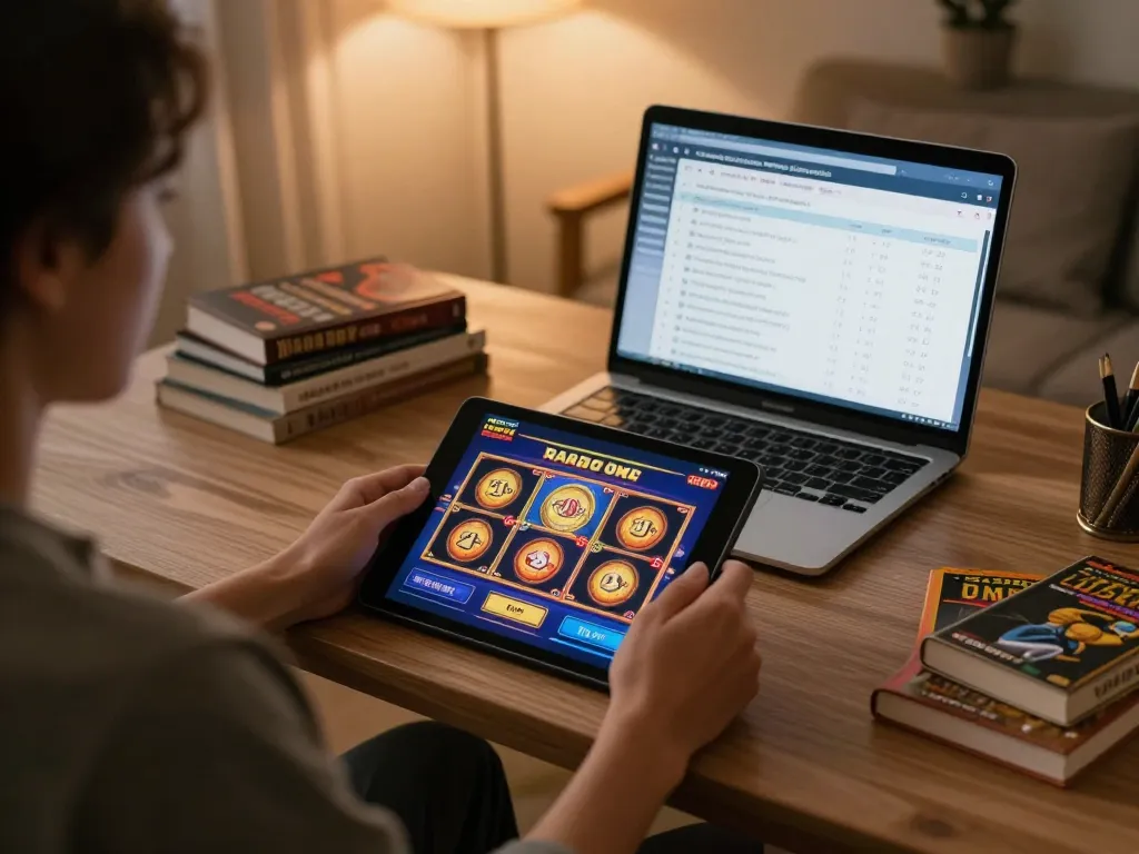 Engaging with Link Gaco on a tablet in a cozy home setup to enjoy slot games responsibly.